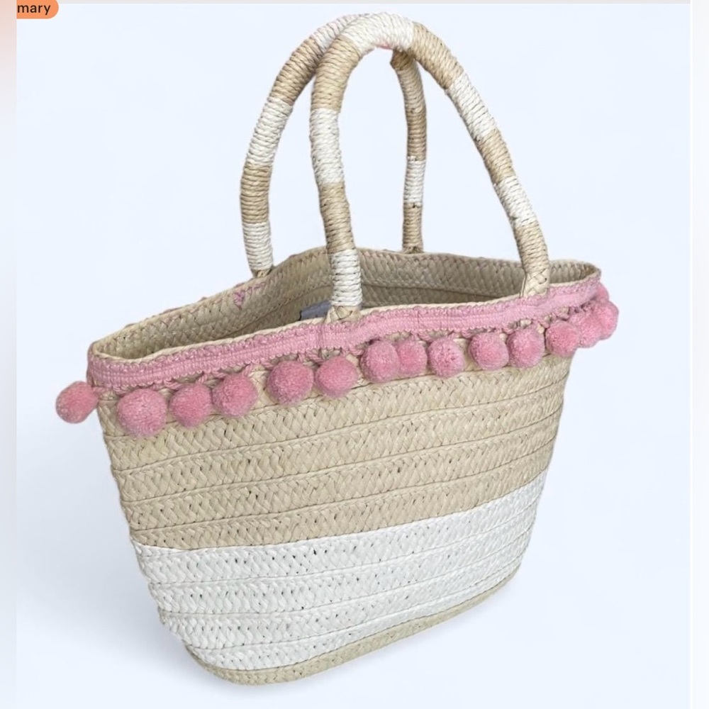 Altru Straw Tote Bag with Pink Pom Pom Trim / Beach Bag / Market Bag